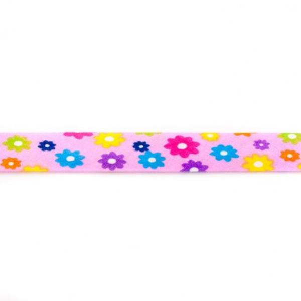 Schrägband 20mm Breit 3m Stück bedruckt bunte Blumen auf Hellrosa
